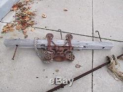 ANTIQUE CAST IRON HAY TROLLEY UNLOADER mounted on 60 wood beam ORIGINAL