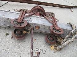 ANTIQUE CAST IRON HAY TROLLEY UNLOADER mounted on 60 wood beam ORIGINAL