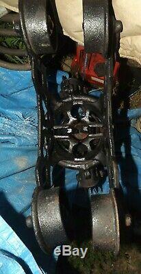ANTIQUE CAST IRON Hay Barn Trolley Carrier Farm Pulley Tool MARKED JC ORNATE