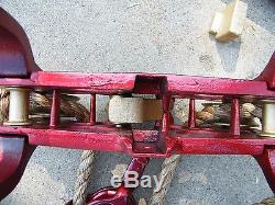 ANTIQUE CAST IRON PORTER HAY TROLLEY WITH DROP PULLEY TIMBER RUNNER