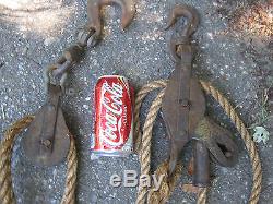 ANTIQUE COUNTRY BARN PRIMITIVE 50' HEMP ROPE w CAST IRON TOOL PULLEY & HOOKS