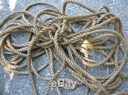 ANTIQUE COUNTRY BARN PRIMITIVE 50' HEMP ROPE w CAST IRON TOOL PULLEY & HOOKS