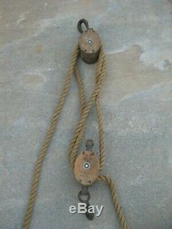ANTIQUE DOUBLE BOSTON LOCKPORT BLOCK Co. BLOCK & TACKLE With HEMP ROPE 150' +/