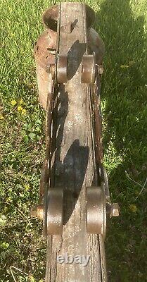 ANTIQUE F. E MYERS TIMBER HAY TROLLEY 7 Inch Sheaves With Rope