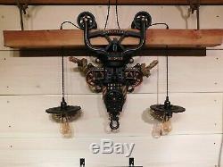 ANTIQUE F. E. WOOD BEAM HAY TROLLEY RUSTIC LIGHT FIXTURE WithBEAM & ROPE NICE