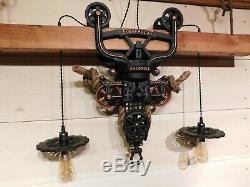 ANTIQUE F. E. WOOD BEAM HAY TROLLEY RUSTIC LIGHT FIXTURE WithBEAM & ROPE NICE