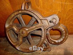 ANTIQUE HAY TROLLEY PULLEY OLD BARN BLOCK & TACKLE ROPE WHEEL MYERS
