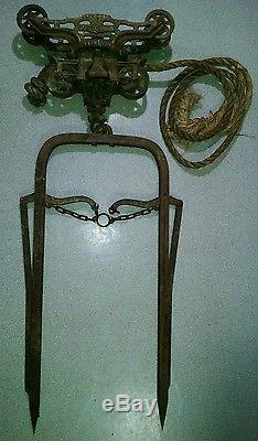 Antique Myers Ok Unloader Cast Iron Barn Hay Trolley+pulley+fork+rope Decor
