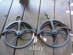 Antique Vintage Amish Cast Iron Clothesline Well Pulleys, Large Authentic Pair