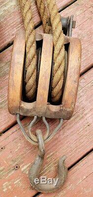 ANTIQUE VTG BLOCK AND TACKLE WORKING WOODEN ANCHOR PULLEYS with100 FT HEMP ROPE