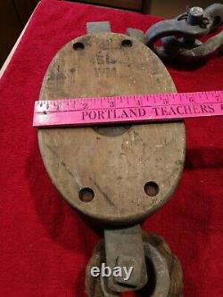 ANTIQUE WOOD PULLEY YOUNG Ironworks Seattle CAST IRON and WOOD Marine Salvage