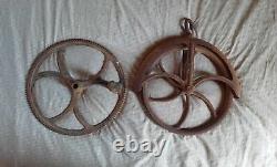 Antique 1900s 1910s Water Well Pulley Wheel And Wood Handle Crank