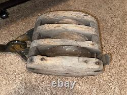 Antique 25 43lb Block and Tackle Coal Bluff 3 Pulley Wood Decor