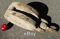 Antique 70 Pound Block & Tackle Pulley Wood & Cast Iron 21 Inches Long 19th Cent