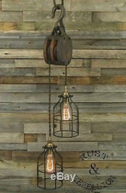 Antique Anvil Wood Block & Tackle Nautical Pulley Pendant Light Lamp Industrial