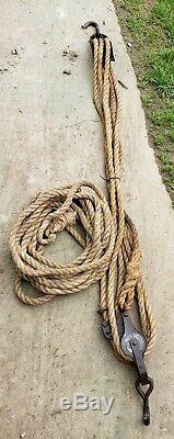 Antique BLOCK & TACKLE System 3 Triple Wheel Pulleys Hooks, 58' x. 75 Barn Rope