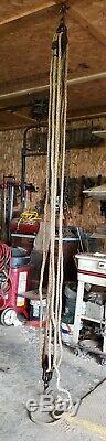 Antique BLOCK & TACKLE System 3 Triple Wheel Pulleys Hooks, 58' x. 75 Barn Rope