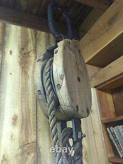 Antique Block Tackle Pulley Long Rope Primitive Latch Hanging Puller Wood Metal