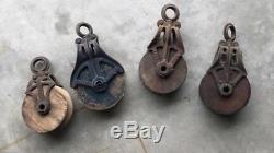 Antique CAST Iron AND WOOD BARN HAY TROLLEY ORNATE PULLEY RUSTIC DECOR FARM TOOL