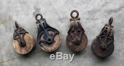 Antique CAST Iron AND WOOD BARN HAY TROLLEY ORNATE PULLEY RUSTIC DECOR FARM TOOL