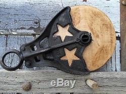 Antique Cast Iron AND WOOD LARGE BARN ORNATE STAR PULLEY RUSTIC DECOR JUMBO