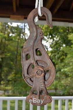 Antique Cast Iron Pulley (Metal Farm Tool) with Hook H33, H158 J. E. Porter