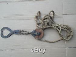 Antique Cast Iron & Wood Barn Pulley & Hanger with 22' Rope Rustic Primitive NICE