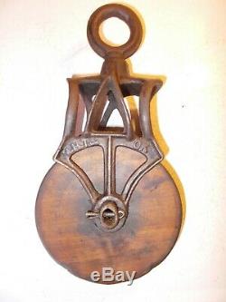 Antique Cast Iron & Wood Pulley M. H. T. Co. Farm Barn Tool Ornate Rustic Decor