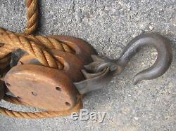 Antique Country 63' Hemp Rope Cast Iron Hook Wood Block Anvil Pulley Tackle Art
