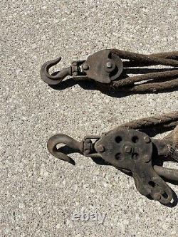 Antique Double Pulley With Rope Barn Salvage Industrial 4 Strand Rope Pat 1905