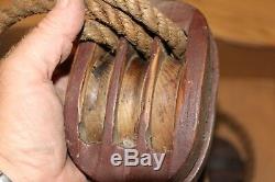 Antique External Iron Banded Hooks Triple Wooden Tackle Block set with Rope