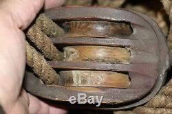 Antique External Iron Banded Hooks Triple Wooden Tackle Block set with Rope