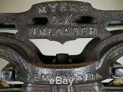 Antique F. E. MYERS O. K. UNLOADER HAY TROLLEY vtg. Barn farm carrier + PULLEY