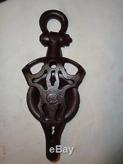 Antique FANCY BARN ROPE PULLEY marked H-50Farm Tool