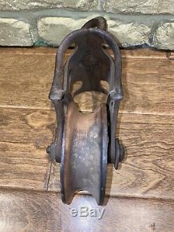 Antique Farm 11 B. H. T Mfg Co Block & Tackle Wood Iron Pulley