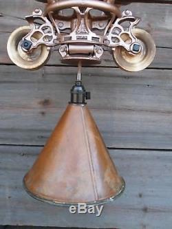 Antique Hay Trolley F. E Myers Hanging Light With Copper Funnel And Track