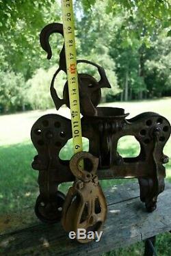 Antique Hay Trolley Pulley Carrier Cast Iron LEADER Steam Punk Vintage
