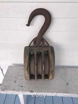 Antique Heavy Duty Block And Tackle Pulley Forged Iron Blue Paint Nautical Ship