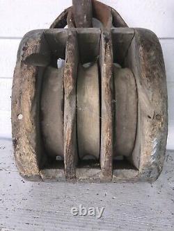 Antique Heavy Duty Block And Tackle Pulley Forged Iron Blue Paint Nautical Ship