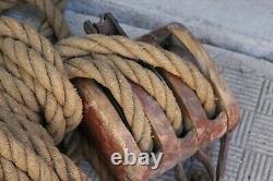 Antique LARGE SIZE Vintage Wood Block And Tackle With old Rope -2