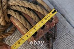 Antique LARGE SIZE Vintage Wood Block And Tackle With old Rope -2