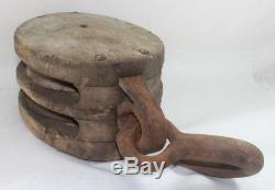 Antique Large 14 Wood Nautical Ship Block Tackle Double Pulley & Hook