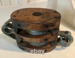 Antique Large Cast Iron/Wood Double Block and Tackle Pulley