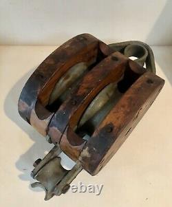 Antique Large Cast Iron/Wood Double Block and Tackle Pulley