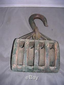 Antique Large Cast Iron & Wood Farm Barn Pulley 4 Rollers 7 Long GREAT