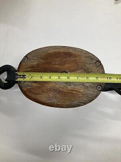Antique Large Primitive Cast Iron And Wood Double Block & Tackle Pulley Vintage