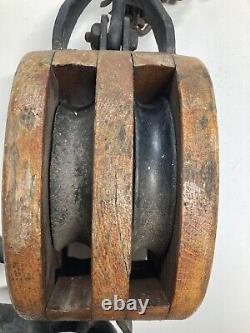 Antique Large Primitive Cast Iron And Wood Double Block & Tackle Pulley Vintage