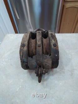 Antique Large Wood & Rope Ships Pulley Double Block /Tackle Nautical Barn Rustic