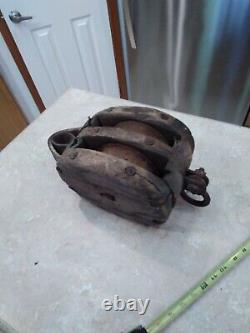 Antique Large Wood & Rope Ships Pulley Double Block /Tackle Nautical Barn Rustic