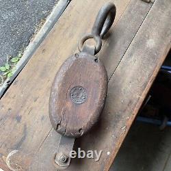 Antique Large Wooden Block & Tackle Pulleys with Forged Hooks Wester Lock Ny